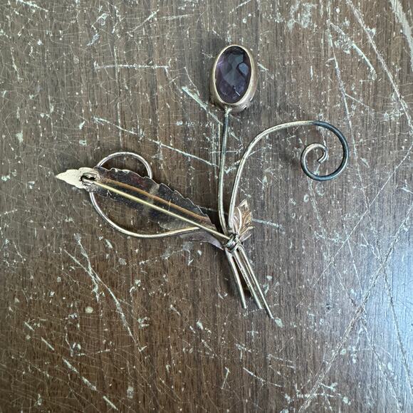STERLING Antique Amethyst Floral Style‎ Brooch Pin - Picture 4 of 6